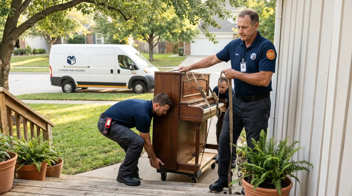 Licensed piano movers securing grand piano in Norton, MA