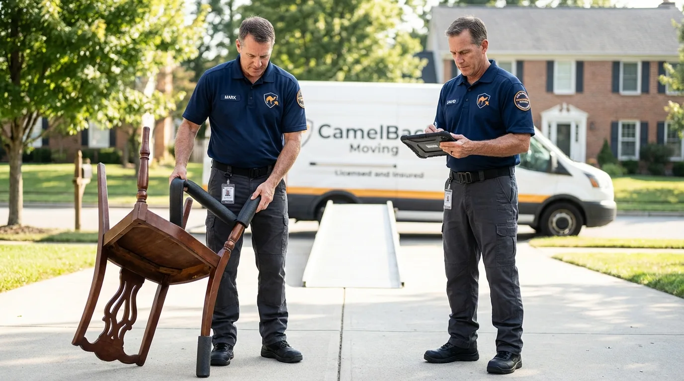Movers inspecting furniture for damage prevention before loading in Norton, MA