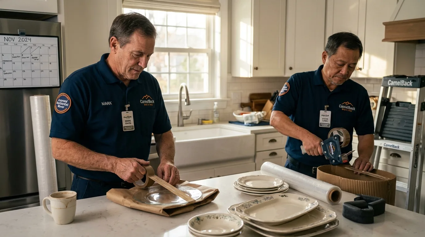 Professional crew packing kitchen dishware in Norton, MA